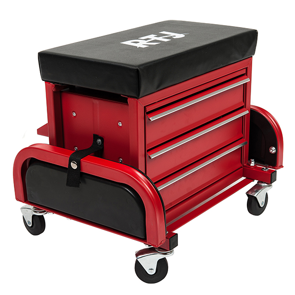 RTJ Tool Chest Cabinet Roller Seat with 3 Drawers & 2 Trays and Pry Bar, Black and Red